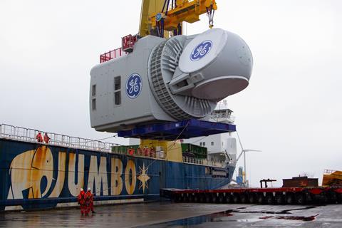 Loading the massive 12MW Haliade-X for demo installation. Photo, GE Renewables
